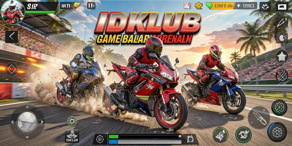 Tampilan gameplay mendebarkan dari IDKLUB yang menampilkan aksi balap motor.