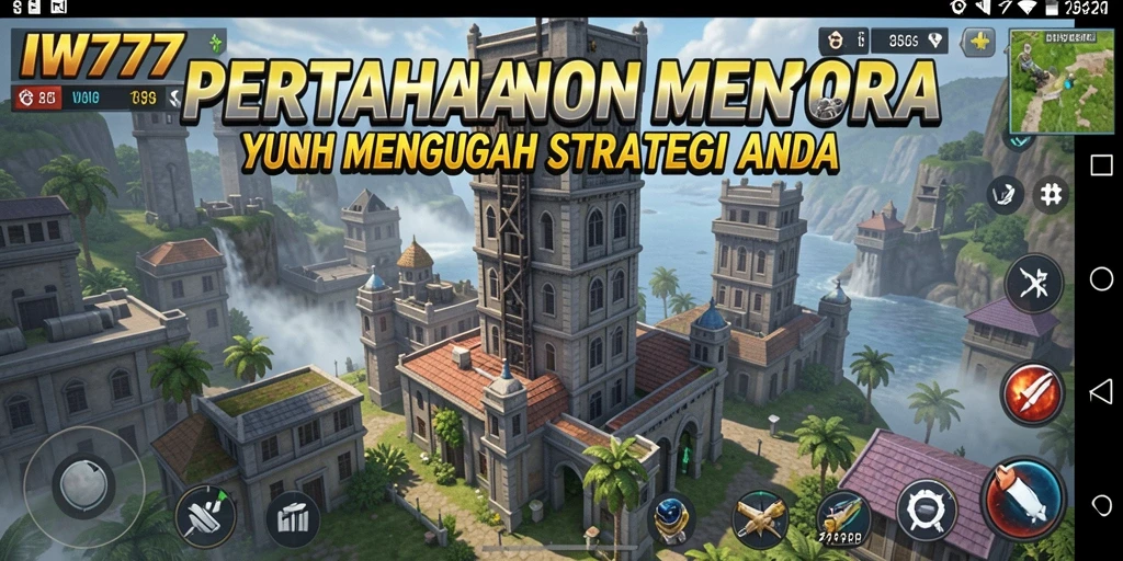 Screenshot gameplay IW777 menampilkan menara yang beraksi melawan gelombang musuh.