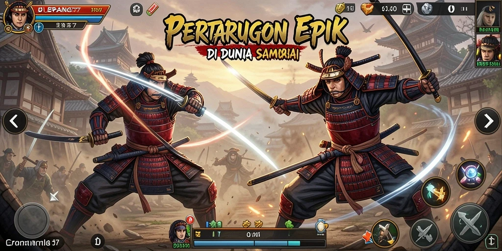 Tampilan pertarungan epik dengan karakter samurai di JEPANG77.