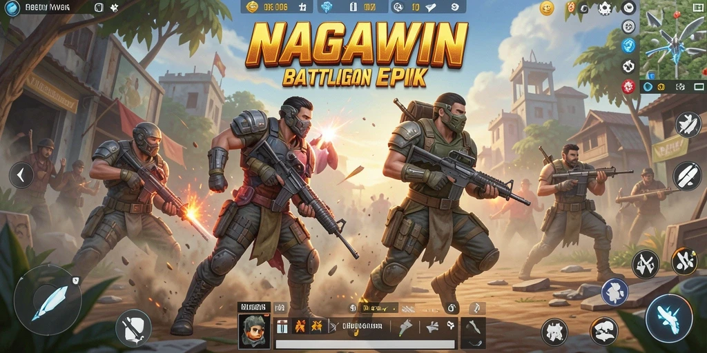 Tampilan gameplay seru dalam NAGAWIN dengan pertempuran Battle Royale.