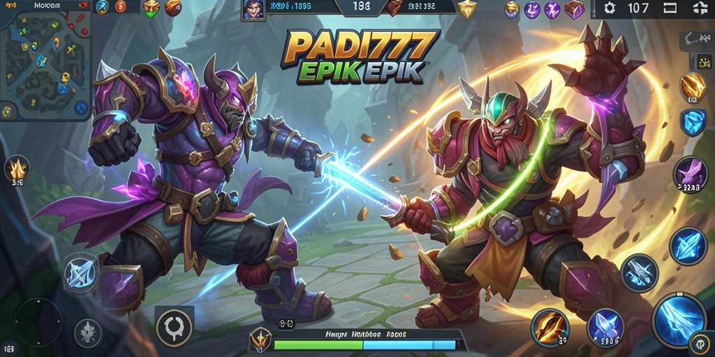 Screenshot utama PADI777 menampilkan pertarungan epik antar hero MOBA.