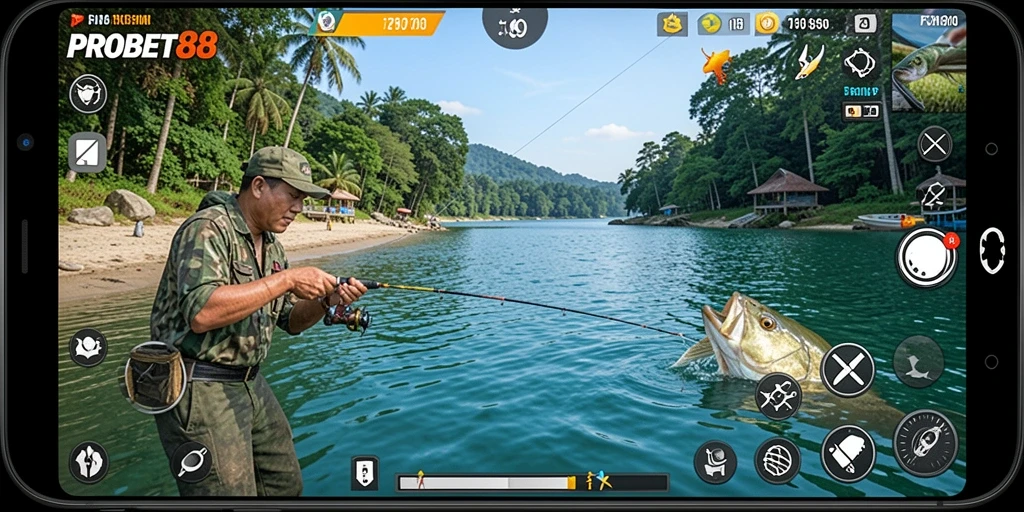 Screenshot PROBET88 menunjukkan momen mendebarkan saat memancing ikan besar.