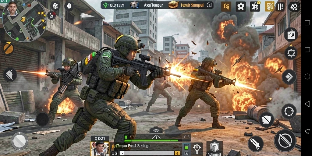 Screenshot gameplay <strong>QQ1221</strong> menampilkan aksi tembak-menembak yang intens.