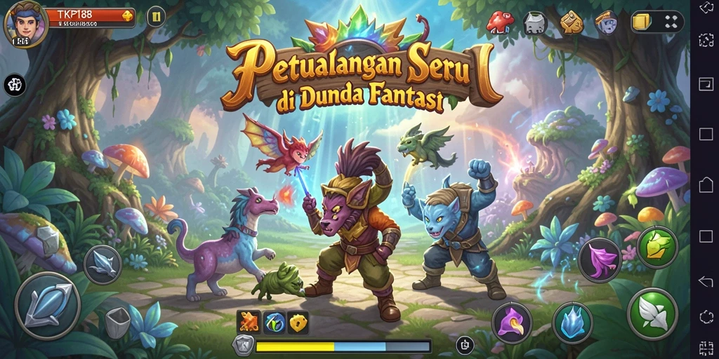 Tangkapan layar utama TKP188 menampilkan karakter yang menjelajahi dunia fantasi.